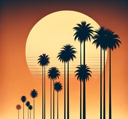 Retro illustration of a summer scene with a palm trees silhouette.