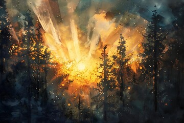 Mystical Forest Sunset in Dramatic Impressionist Art Style with Fiery Sun Rays and Silhouetted Trees, Ideal for Art and Nature Lovers

