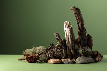 Abstract nature scene with a composition of moss, stones, and dry snags.
