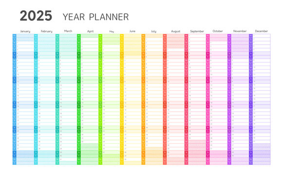 2025 year planner, wall calendar for daily and monthly agenda. Blank planner template for 2025 year with twelve months vertical grid in rainbow colors, vector illustration