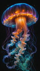 Naklejka premium Translucent jellyfish pulsate in the blue sea or black aquarium.