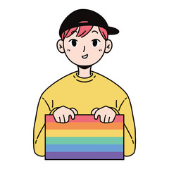 A person holding rainbow flag celebrating pride month vector