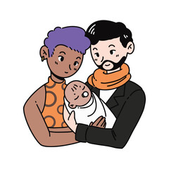 Interracial gay lesbian LGBTQ+ couple holding baby clipart vector 