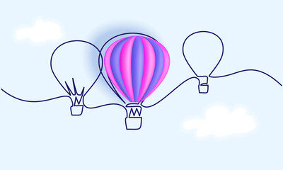 Hot air balloons flying in sky sign. Continuous one line drawing