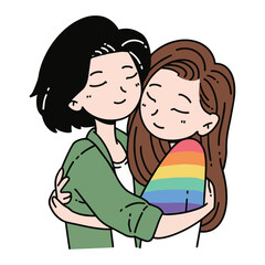 Interracial Lesbian couple hugging each other celebrating pride month rainbow vector