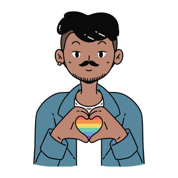 recommend clip art: Black African Gay making heart hand sign with rainbow celebrating pride month cartoon vector