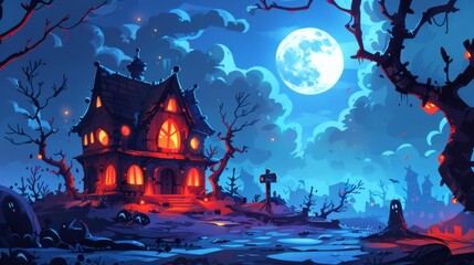 Spooky haunted house, its silhouette menacing against a full moon. Eerie trees claw at the sky, and ghostly figures add to the frightful scene