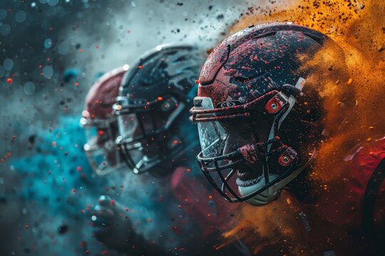 Two football helmets clash in a colorful burst, symbolizing high-impact sport action