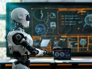 Fototapeta premium A highly intelligent robot teaching classes in a futuristic educational environment.