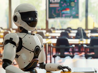Fototapeta premium A highly intelligent robot teaching classes in a futuristic educational environment.