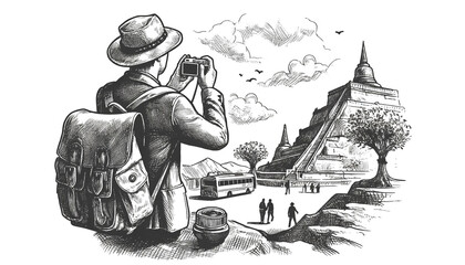 Hand-drawn illustration of a traveler taking a photo at a tourist spot
