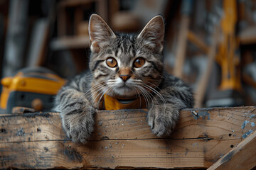 tabby cat carpenter in workshop, looking up, tools, woodwork, construction, cute expression