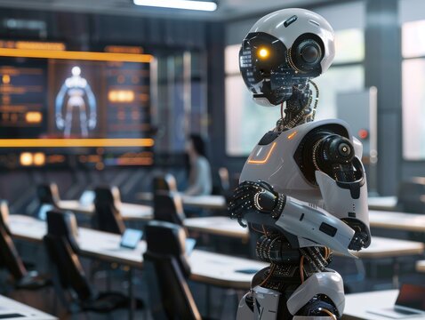 A highly intelligent robot teaching classes in a futuristic educational environment.