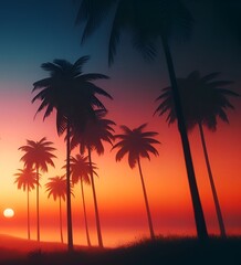 Illustration for summer with silhouette of palm trees against a vibrant sunset sky.
