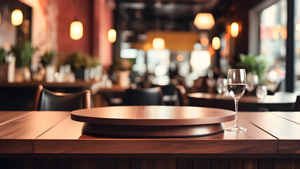 image of table podium in front of restaurant abstract background, Generative AI