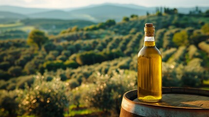 bottle of olive on a wooden barrel with olive plantation as background