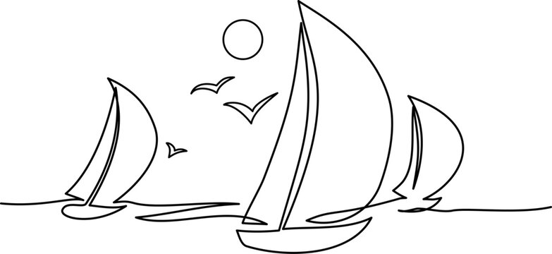 recommend clip art: Yachts on sea waves. Seagull in the sky. Continuous line drawing. Vector illustration. Isolated on white background