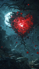 A glowing red heart breaking into pieces under a moonlit sky. Generate AI