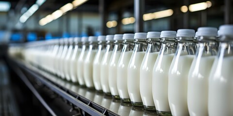 Bottling milk at a dry production plant for distribution and consumption. Concept Food processing, Dairy industry, Packaging process, Milk distribution, Food safety