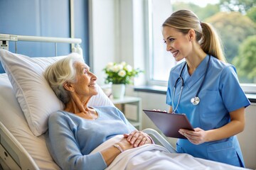 Obraz premium doctor and nurse talking with senior woman patient