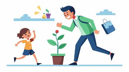 Fototapeta premium A student excitedly rushes to show their teacher the results of an experiment which shows that plants grow taller when exposed to classical music versus heavy metal.. Vector illustration