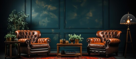 classic living room interior with leather chairs and vintage lamp