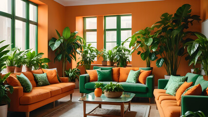 Interior of orange living room with green houseplants and sofas, Generative AI