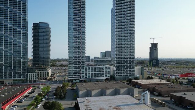 Aerial drone footage of skyscrapers in Vaughan Ontario Canada