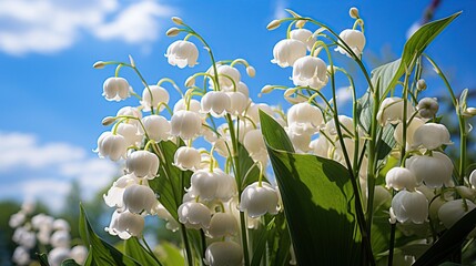 Lily of the valley Convallaria flowers with blue sky