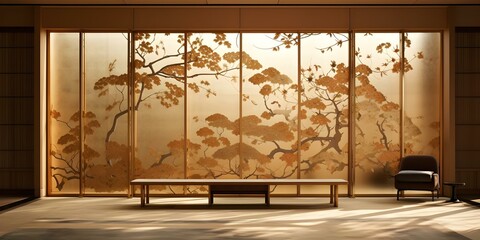 Modern Japanese ukiyoe folding screen with elegant luxurious and dramatic elements. Concept Japanese Art, Ukiyoe, Traditional Decor, Elegant Design, Luxurious Elements