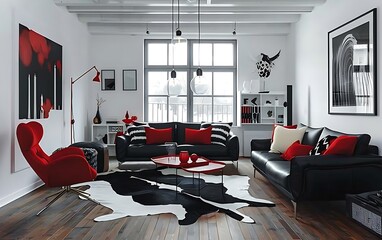 Modern bright living room with wooden floor, white walls and black furniture, red accents, cow skin on the ground, window, photo taken from the front view