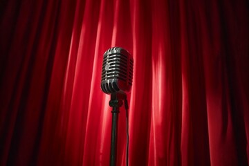 Vintage microphone positioned in front of a rich red curtain, evoking a sense of performance or...
