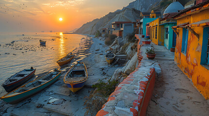 majestic image of Mubarak Village picturesque coastline traditional fishing boat anchored along Arabian Sea Karachi Sindh fishing village symbol of coastal life Pakistan where generation of fisherman 