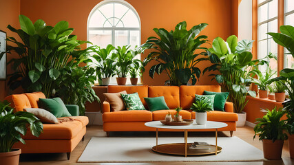 Fototapeta premium Interior of orange living room with green houseplants and sofas, Generative AI