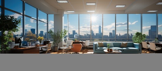 office room interior for working with corner glass window and room interior chairs