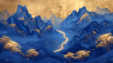 Blue and gold embroidery mountain pavilions poster background