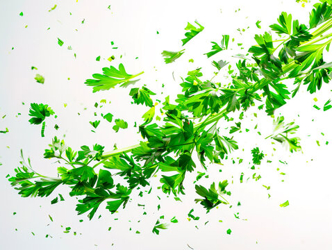 photography of PARSLEY falling from the sky, hyperpop colour scheme. glossy, white background Coriander leaf isolated on white background. Top view. Flat lay