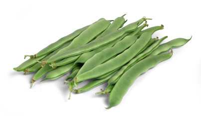 A bunch of green beans are stacked on top of each other isolated from the white or transparent background