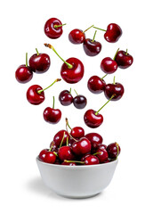 Bowl of ripe flying cherries isolated from white or transparent background