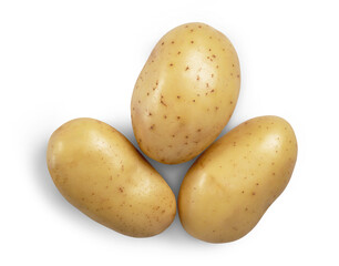 Top view of three fresh potatoes isolated from white or transparent background