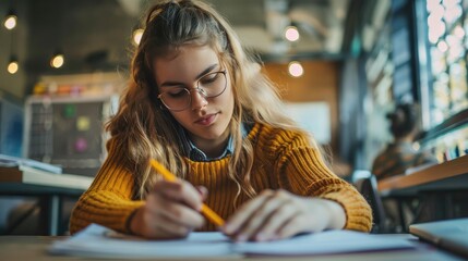 student in the classroom doing math. math homework 