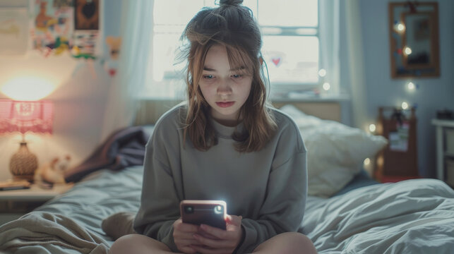 Sad teenage girl looking, checking at her smartphone, scrolling through social media on phone screen at bedroom. Internet addiction in kids. Generative ai. - Powered by Adobe