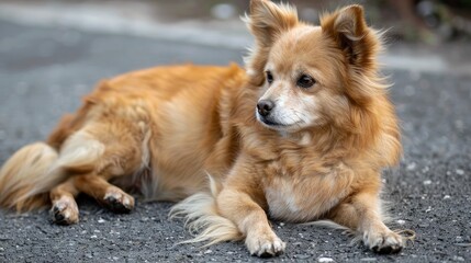 A chubby and adorable light brown female dog lounging on the pavement