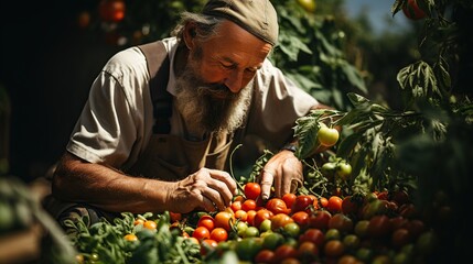 collecting tomato harvest in the hothouse of a small agricultural farm