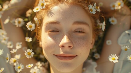 Young Woman Surrounded by Daisy Flowers in Sunlight. Summer Solstice Holiday. Generative ai