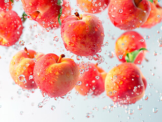 photography of PEACHES falling from the sky, hyperpop colour scheme. glossy, white background Levitating peach. Composition of peaches, peach halves and slices with green leaves on a white background.
