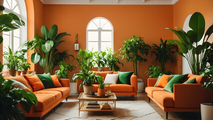 Fototapeta premium Interior of orange living room with green houseplants and sofas, Generative AI