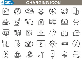 A versatile set of charging icons in vector format, ideal for digital interfaces and print. Each icon is callable and easily customisation to fit various design needs.