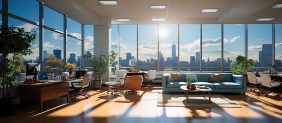 office room interior for working with corner glass window and room interior chairs