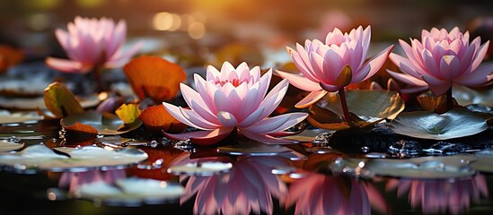 Lotus flowers and Water Lilies in a pond with a view in the background
